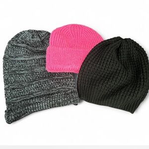 Set of 3 Knit Beanies - Black, Pink, Gray